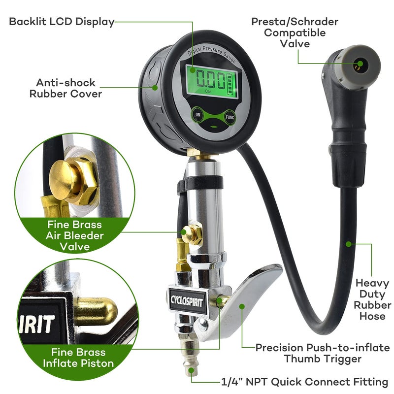 CycloSpirit Digital Bicycle Tire Inflator Gauge with Auto-Select Valve Type - Presta and Schrader Air Compressor Tool - Image 2
